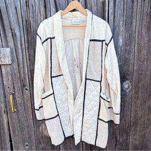 Gantos Cream & Black Open Cardigan. Weave fabric and velvet patchwork. Size M